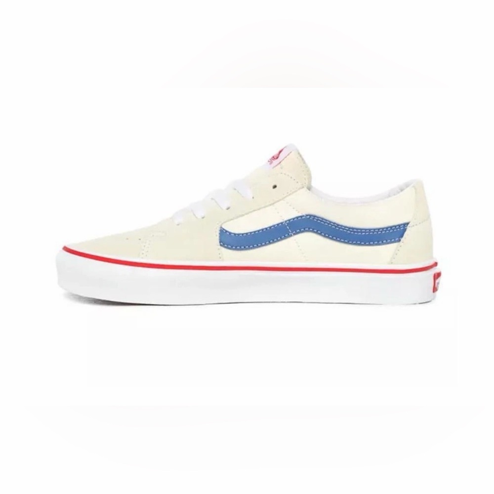 Vans Low-Top Cream Sneakers with Blue Stripe and Red Trim